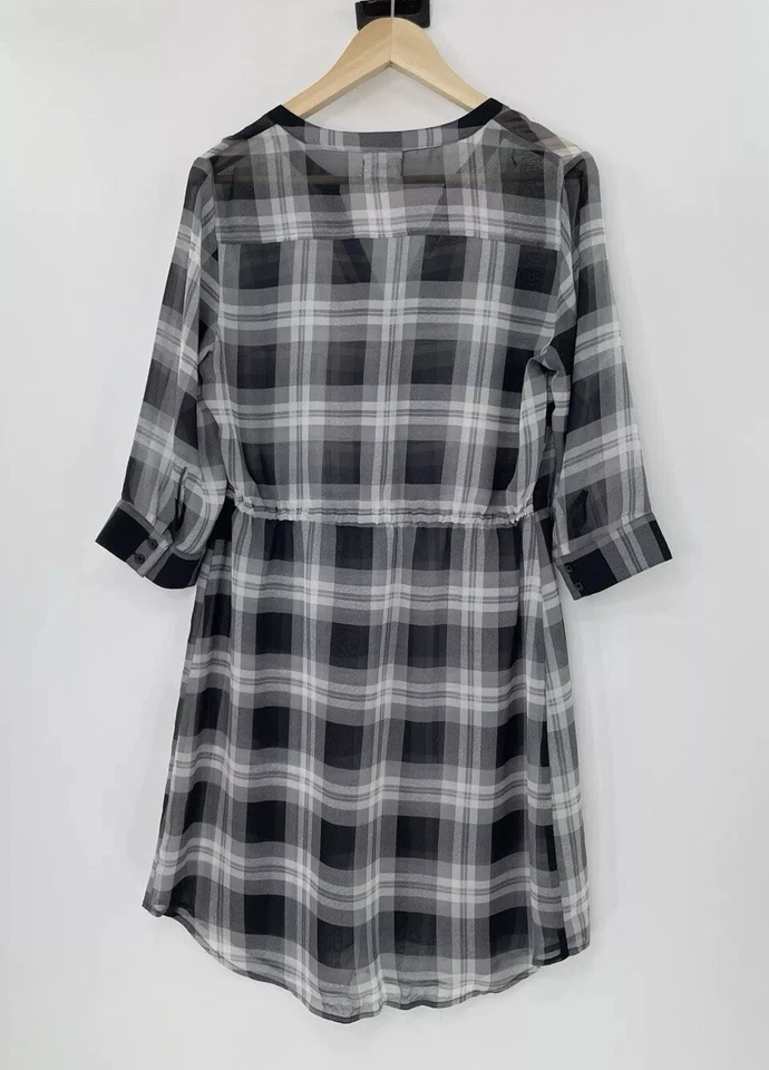 Old Navy Plaid Sheer Tie Waist Button Front Tunic Dress Size M  Preppy Academia - Image 2 of 4