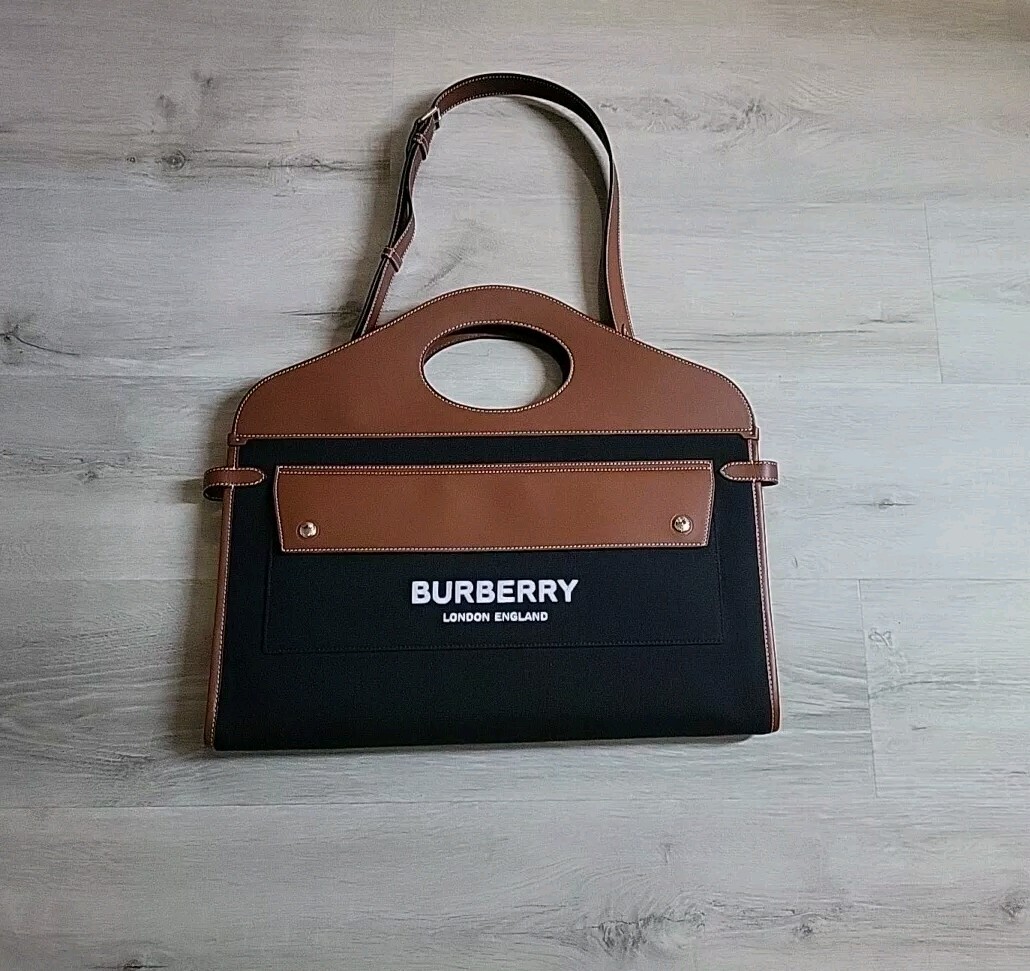 Burberry pocket shoulder bag handbag Leather canvas brown Black Tote Holiday 🎁 image 9