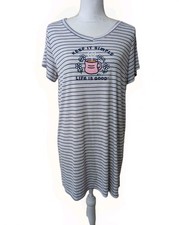 Life Is Good Night Shirt Women  s L Gray Stripe V-Neck Coffee Flowers