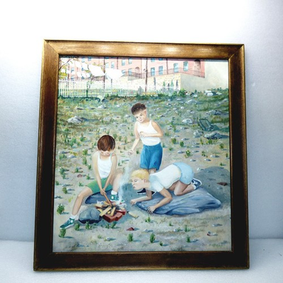 #ad Large vintage depression era Bronx New York painting boys in slums Westchester $550.00
