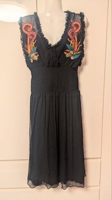 SHANGHAI TANG Black Embroidered Dress 103 cm 100% Silk Phoenix Embroidery