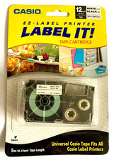 NOS Casio Label It White Tape Black Ink EZ-Label Printer 12mm 1/2" XR-12WE5-s