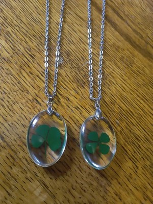 2 Pressed Four Leaf Clover Necklace: Handmade resin Pendant, Good Luck Charm