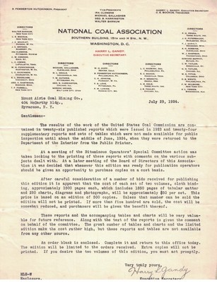 1924 National Coal Association Letter Washington D.C. on Coal Industry Reports