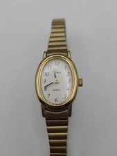Timex Ladies Watch Gold Tone Stretch Band White Dial New Battery Working