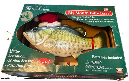 1999 Gemmy Christmas Big Mouth Billy Bass Singing Fish Santa Hat w/ Box