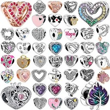 Love Heart S925 Silver Charm Bead Pendant Dangle For Bracelet Snake Chain Bangle
