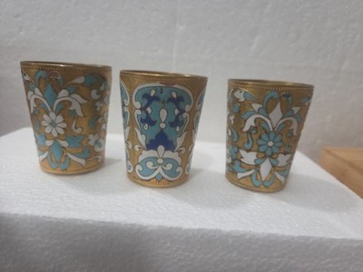 Soviet Enameled Shot Glasses Vodka Brass Finish USSR, set of 3 pcs. Soviet Era O