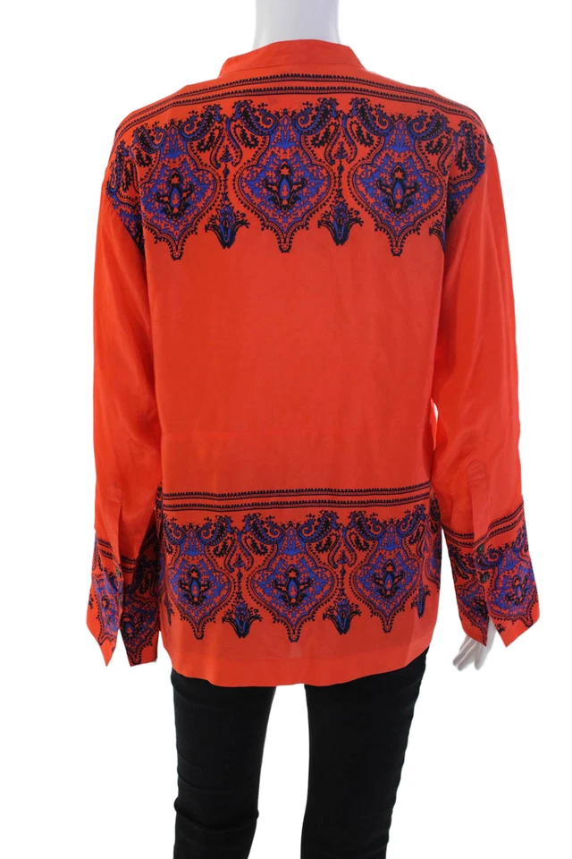 Blusa Top Naranja J Crew Para Mujer Estampado de Seda Cuello Henley Manga Larga Talla S Foto 3 de 4