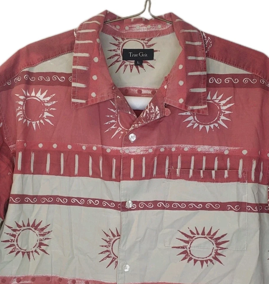Camisa Hawaiana True Grit Hombres Grande De Colección EE. UU. Cuello Lazo SOL Rayas Roja Playa Foto 4 de 4