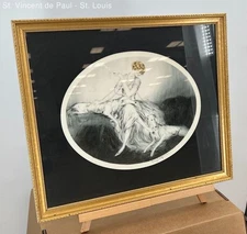 Louis Icart Black Gold Art Deco Pals Etching Woman With Dog Signed Framed