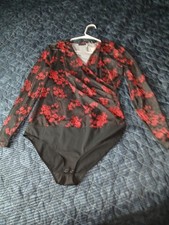 Tahari Women's Black Red Floral Semi-Transparent Long Sleeve Bodysuit Size L