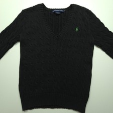VTG Ralph Lauren Sport Women Sweater Large Navy Blue Cable Knit V Neck Pullover