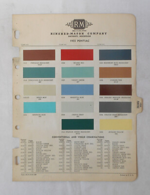 1955  PONTIAC  R-M COLOR PAINT CHIP CHART ALL MODELS ORIGINAL