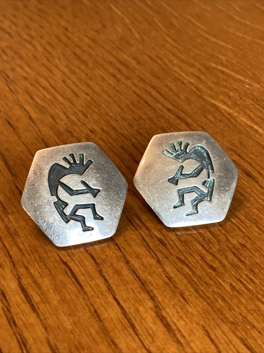 Elsie Gashwazra Hopi Overlay Earrings Sterling Silver Kokopelli Signed 9