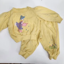 Vintage Baby 2-Piece Yellow Sweatsuit Mother Goose Embroidered Flowers SZ 18 mth