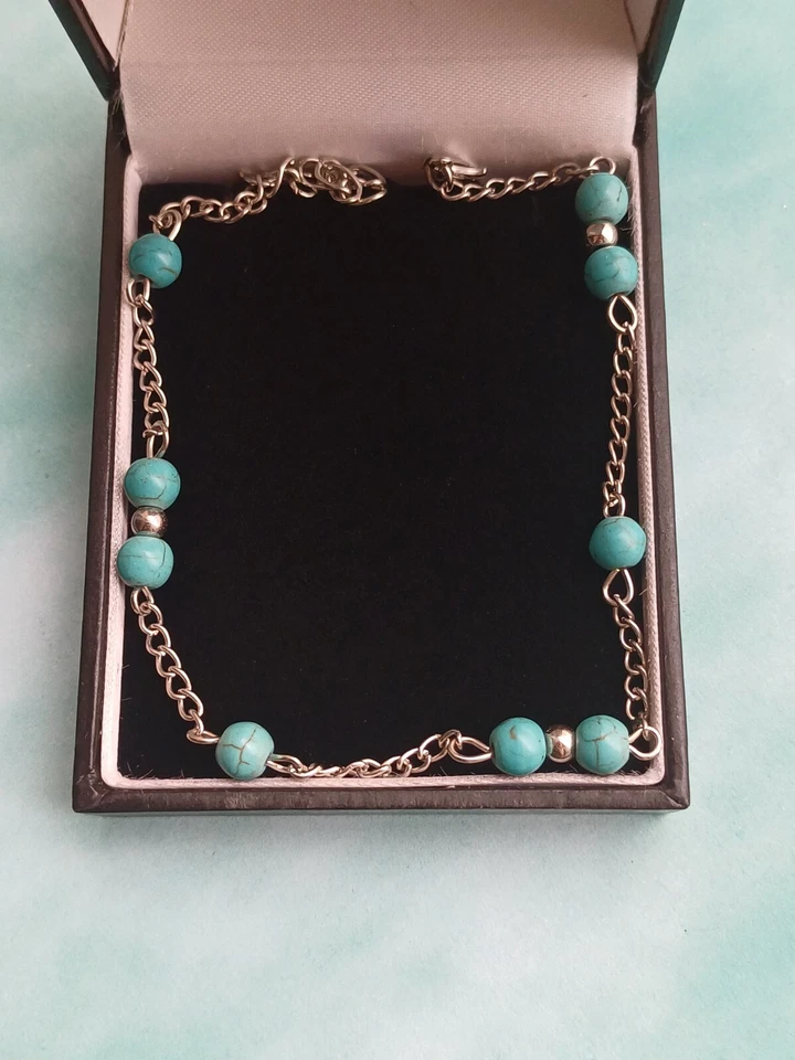 Tobillera moderna bohemia imitación turquesa y tono plata con cuentas eslabones cadena  Foto 2 de 4