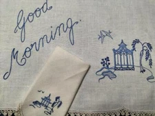 Rare Blue Willow Vintage Hand Embroidered Named Linen 'Good Morning' & Napkin