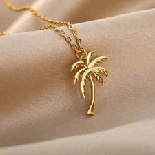 Gold Palm Tree Pendant Necklace Stainless Steel Coconut Tree, Beach Tropical