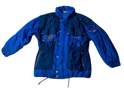 REUSCH Pro Team Ski Jacket Retro Blue Vintage 80s 90s Hooded Snow Coat MEDIUM