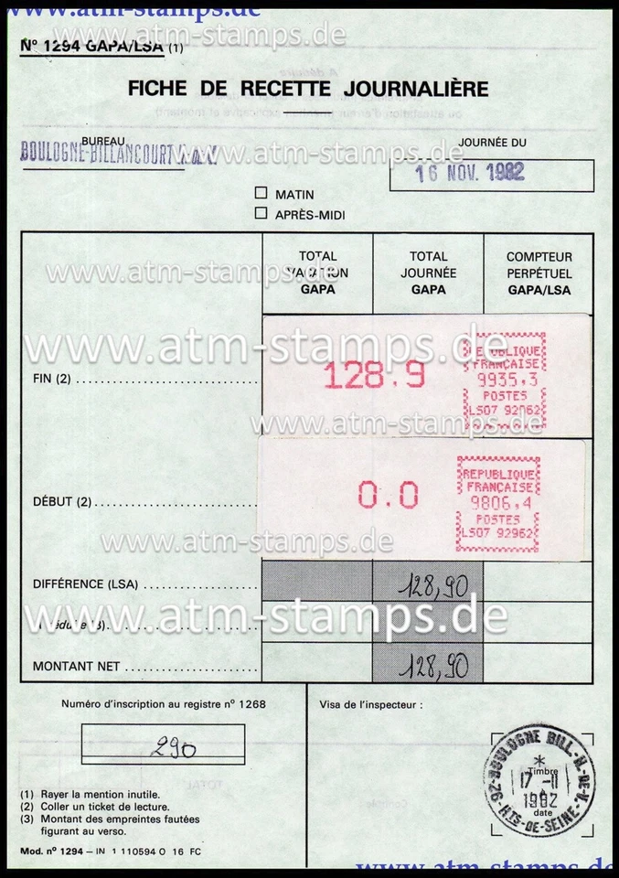 Frankreich ATM LS07 92962 / FICHE DE RECETTE JOURNALIÈRE / LSA UNIKAT !! - Bild 1 von 2