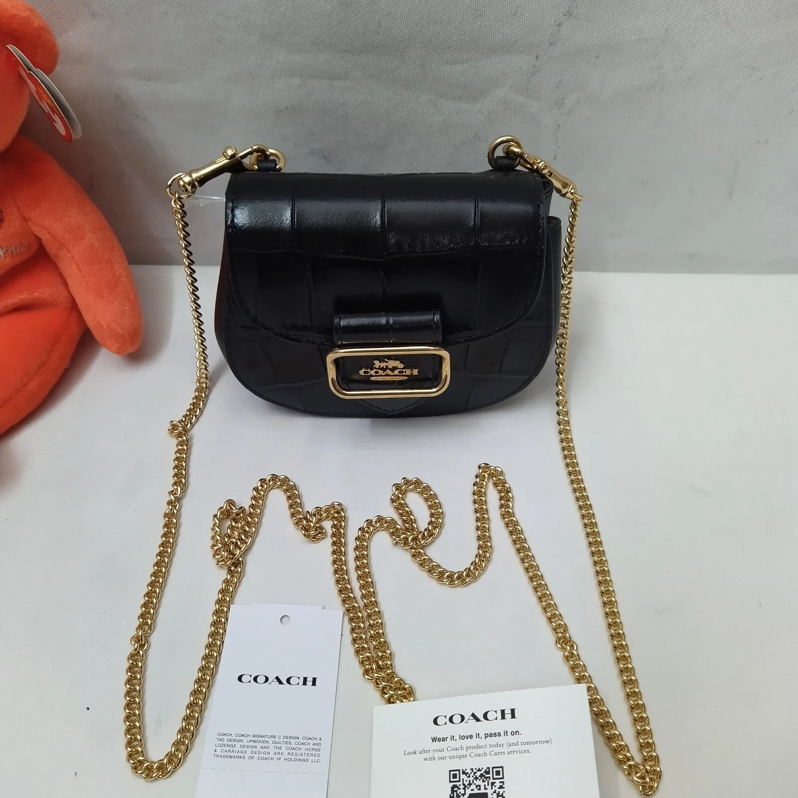 Custodia a tracolla Coach Morgan in pelle nera coccodrillo in rilievo Nuova con etichette $248