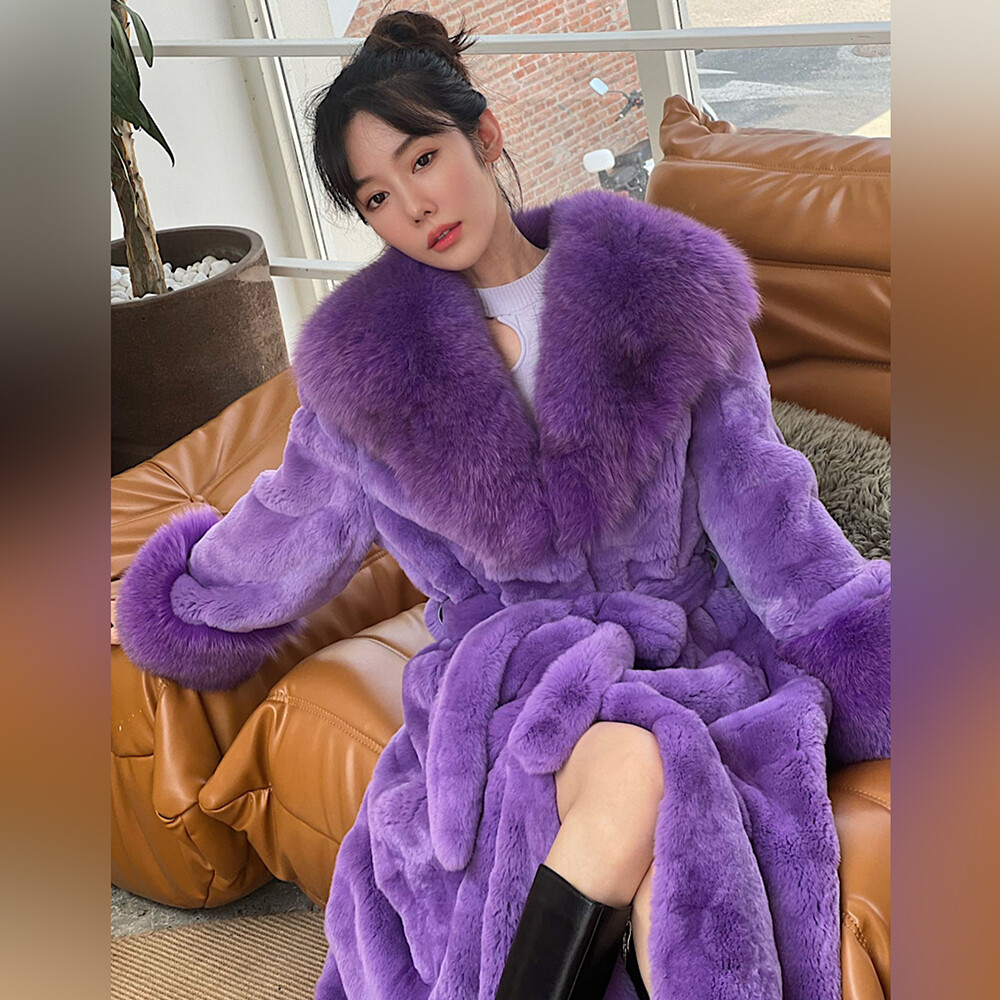 Womens Chinchila Like Genuine Rex Rabbit Fur Coat Lapel Collar