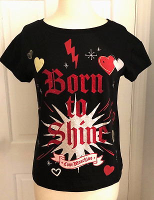 LOVE MOSCHINO Born To Shine Rhinestones Hearts Short Sleeve GraphicT Shirt US 6