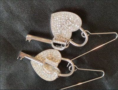 Christian Dior Heart Shaped Key Rhinestone Hook Earrings Silver
