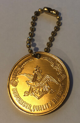 Vintage BUDWEISER QUALITY BREWING Keychain Token Fob Gold Coin Doubloon 1.5''