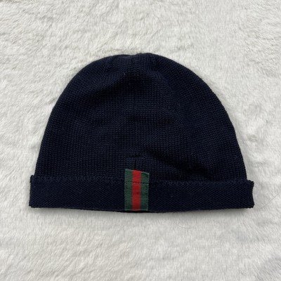 Gucci Navy Blue Knit Beanie Hat Web Stripe Wool Made in Italy M