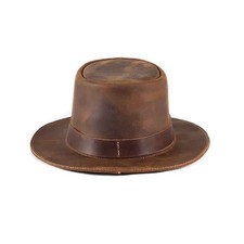 Men s Brown Leather Cowboy Hat Wide Brim Western Outback Cap Size L