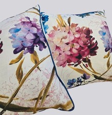 Two Floral Throw Pillows Hydrangea Print  Zipper Closure White Back - 18"x18"