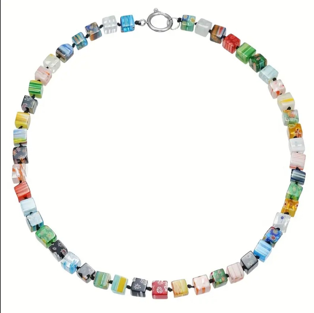 Murano Style Multicolor Thousand Flower Glass Cube Beaded Necklace (21.65in)