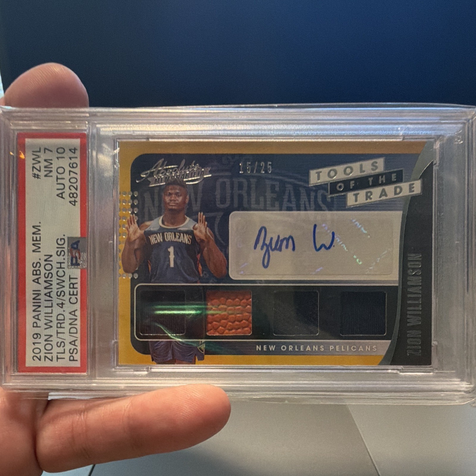 Zion Williamson RPA Quad Patch /25 PSA 7 Auto 10 Panini 2019/20 Absolute Peli’s