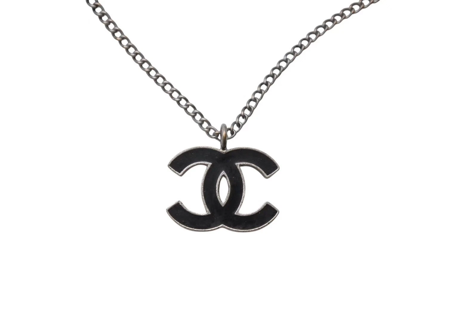 CHANEL Collana Coco Mark Accessori 05A Incisione Metallo Francese Argento Nero Uso