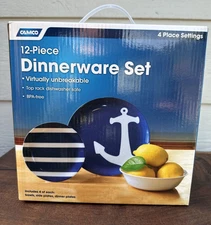 Camco 12 Piece Dinnerware Set Nautical Theme Camping Picnic 4 Place Setting NOB