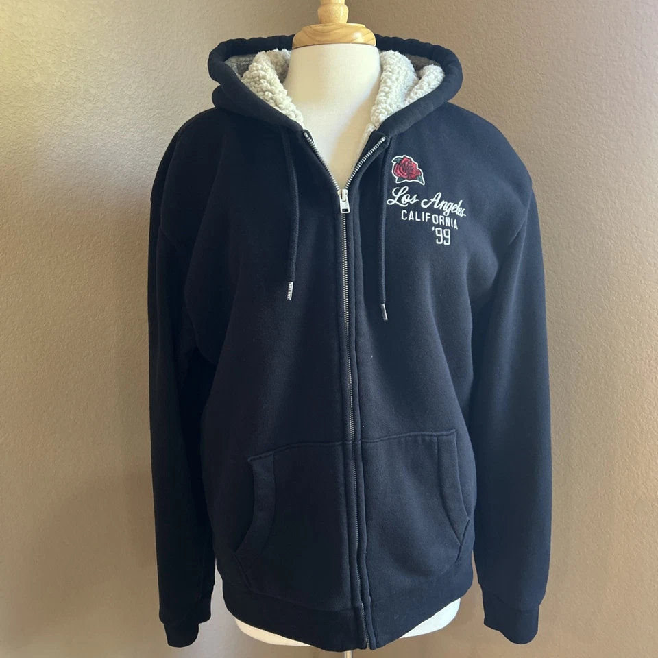 Sudadera con Capucha Y2K Hollister Sherpa Forrada con Cremallera Para Mujer Lg Negra LA Bordada Rosa Foto 3 de 4