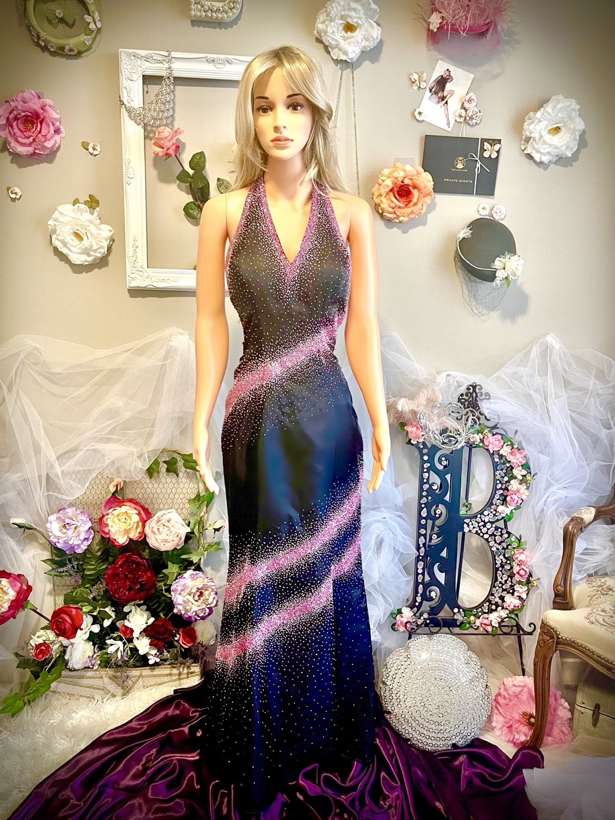 Elegant Halter Pink Silver Beaded Black Long Formal Dress by Riva Designs