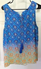 Sundance Hombre Boho Print Tassel Tie Sleeveless Blouse Tank Top Women's XL Blue
