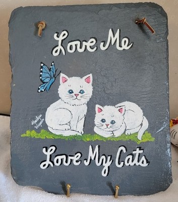 Fenton Artist Marilyn Wagner Painted Slate Tile of Two White Cats