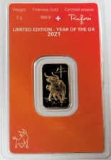 2021 ARGOR HERAEUS GOLD 5 GRAMS LUNAR YEAR OF THE OX 999.9 FINE SEALED BAR 5g