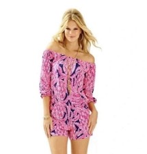 Lilly Pulitzer Lana Romper Women Small Hot Pink Pineapple Blue Off Shoulder