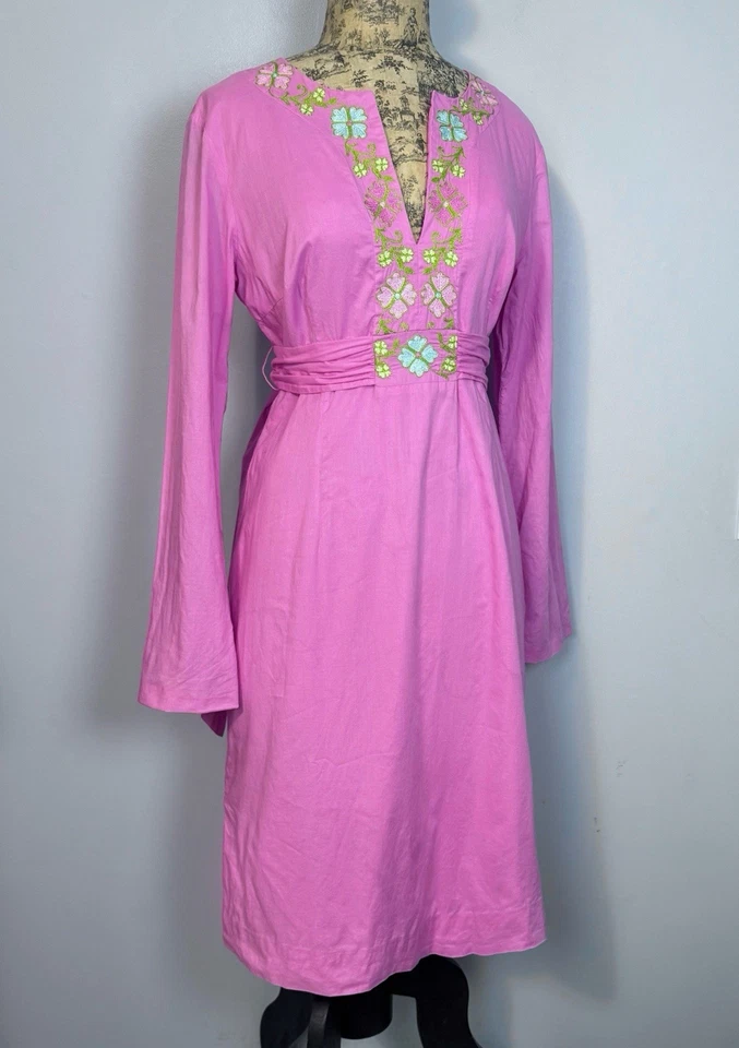 Vestido Lilly Pulitzer Vintage Bordado Etiqueta Blanca Rosa Algodón Cinturón Talla M Foto 3 de 4