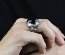 925 Men Large Onyx Gemstone Engraved Oval Onyx Ring