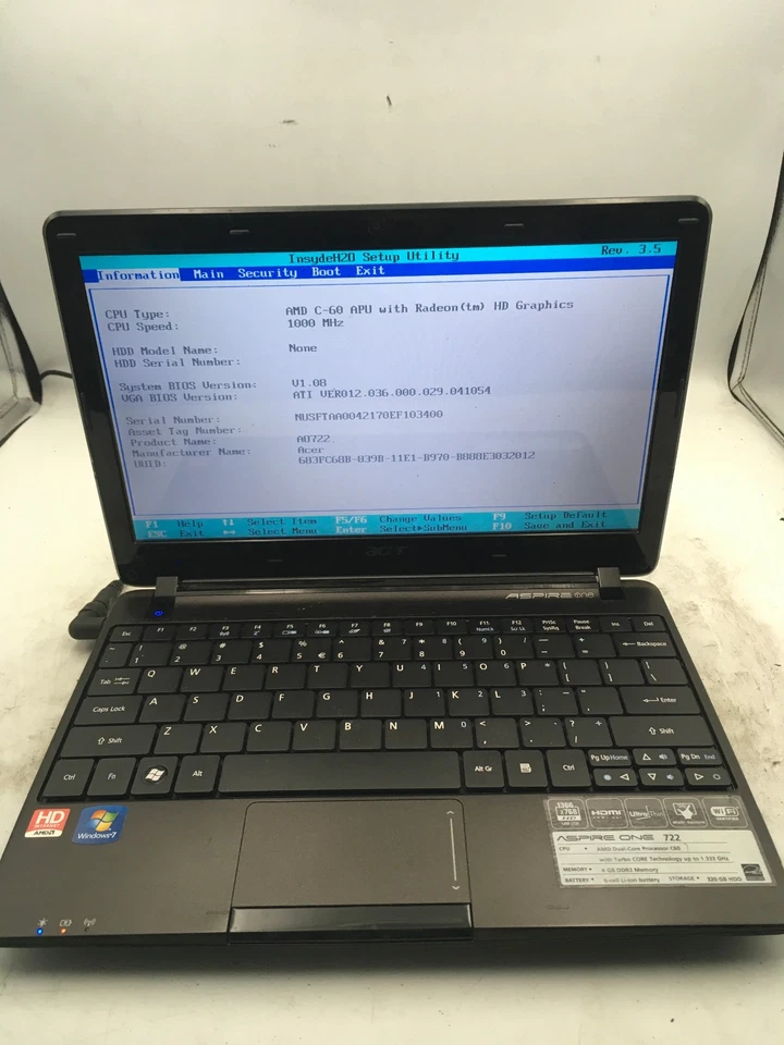 ACER ASPIRE ONE 722 - LOT OF 3 - BOOTS TO BIOS - AMD C60 - NO RAM -READ DESC- BB - Image 4 of 4