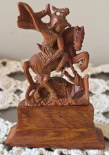 St. George and the Dragon about 3 7/8 inches tall with base - Wood carving