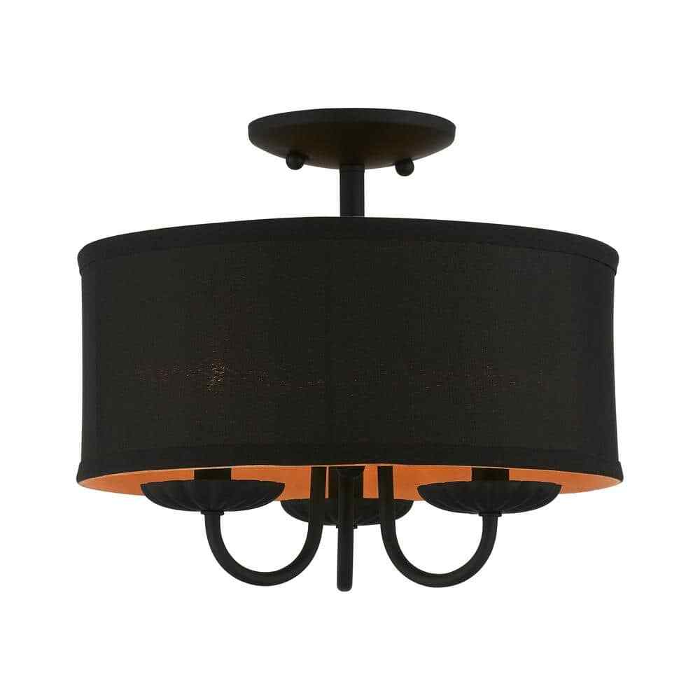 Laurelcrest 13-inch 3-Light Black Semi Flush Mount with Black Fabric Shade and Ornate Metal Detailing