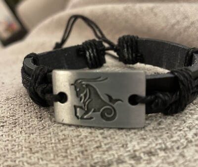 ~Capricorn Zodiac Black Leather Adjustable Bracelet ~
