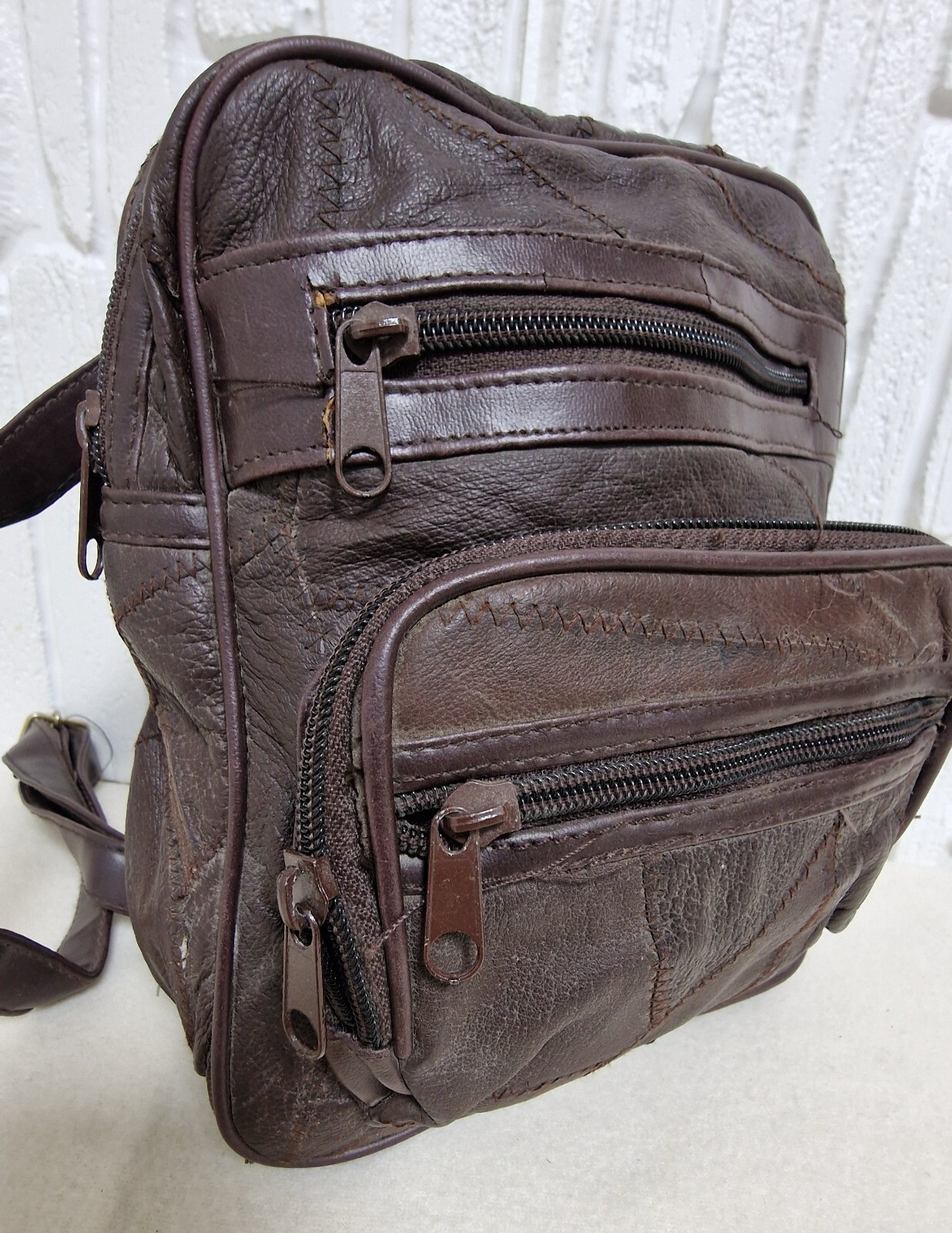 Vintage Brown Leather Patchwork Backpack Multi-Po… - image 2